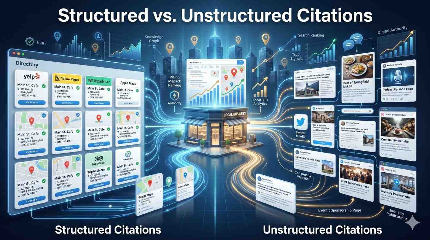 Comparison infographic illustrating structured versus unstructured citations for local SEO. The left side shows business directory listings, maps, and verified citations, while the right side highlights mentions across social media, websites, podcasts, reviews, and publications. Data flows connect both citation types to authority, rankings, trust signals, visibility, and growth.