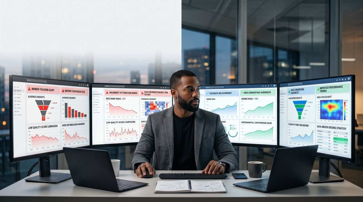 PPC marketing analyst reviewing campaign performance dashboards across multiple monitors, identifying conversion tracking errors, audience targeting issues, attribution problems, and optimization opportunities. Data-driven Google Ads management focused on improving ROAS, conversion rates, lead generation, and digital advertising performance.