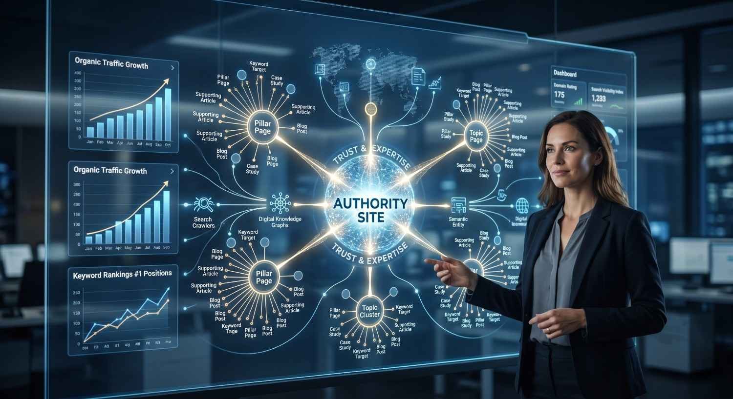 SEO expert analyzing an authority site strategy dashboard featuring topic clusters, pillar pages, keyword rankings, trust signals, and organic traffic growth to improve topical authority, search visibility, and long-term search engine performance.