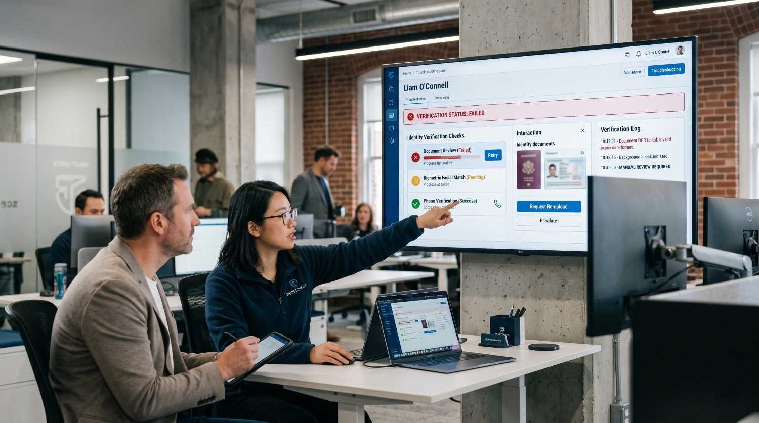 Team reviewing a failed Google Business Profile verification case, analyzing document review errors, identity verification checks, and re-upload requirements. Digital marketing and local SEO specialists troubleshoot verification issues to restore business listing accuracy, improve Google Maps visibility, strengthen trust signals, and maintain local search rankings.