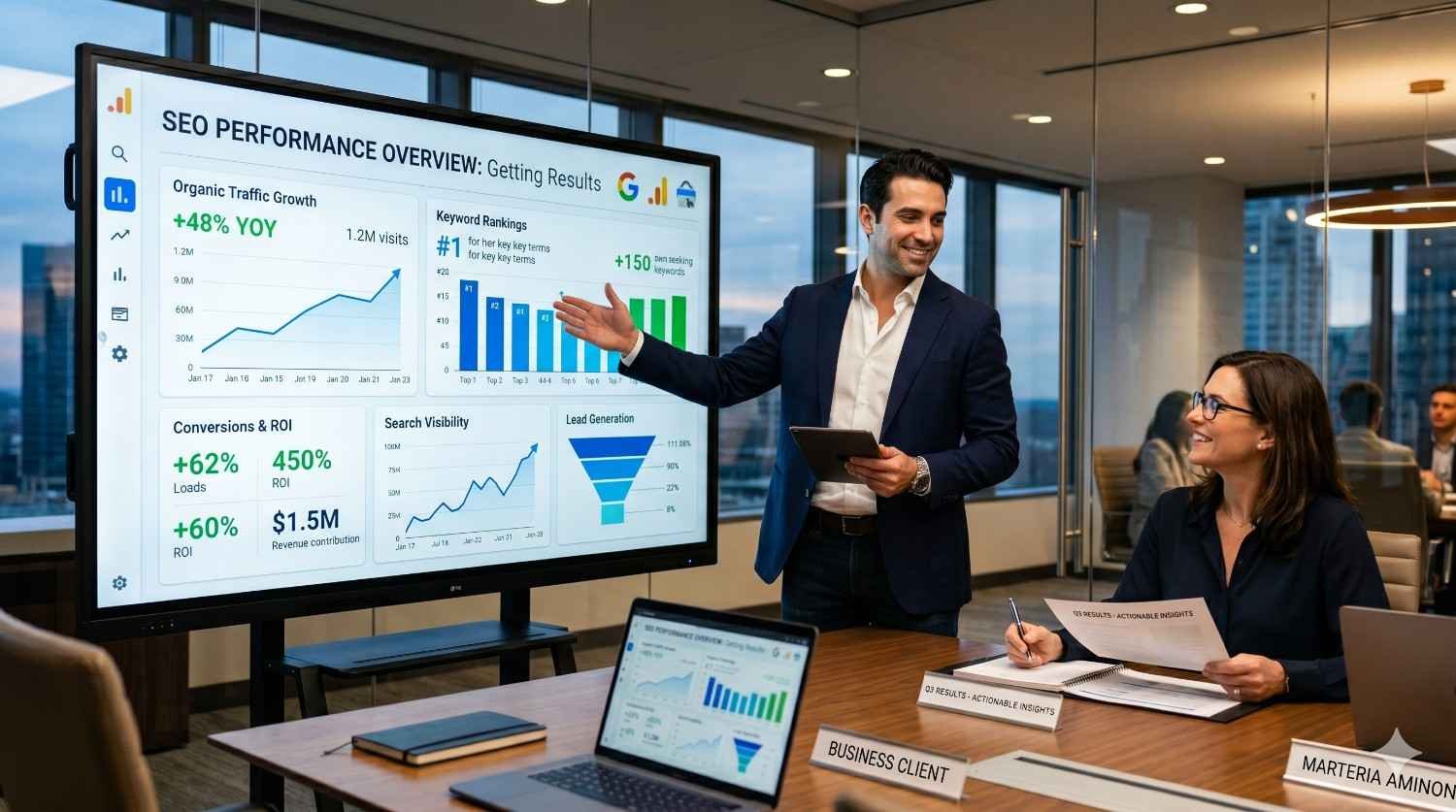 SEO consultant presenting a performance report showing organic traffic growth, keyword ranking improvements, lead generation, conversions, and ROI metrics. Business client meeting focused on SEO strategy, digital marketing results, search visibility, revenue growth, and data-driven decision-making for sustainable online business success.