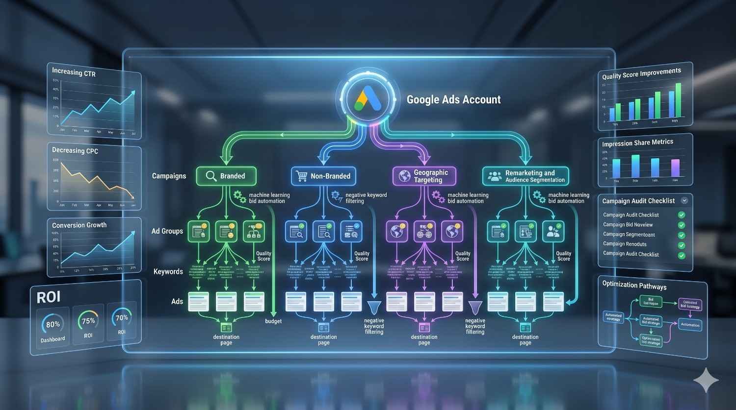 Google Ads account structure diagram illustrating campaign hierarchy, ad groups, keywords, audience segmentation, geographic targeting, remarketing, and bid automation. PPC optimization workflow focused on improving Quality Score, CTR, conversion rates, impression share, ROI, and overall Google Ads campaign performance.