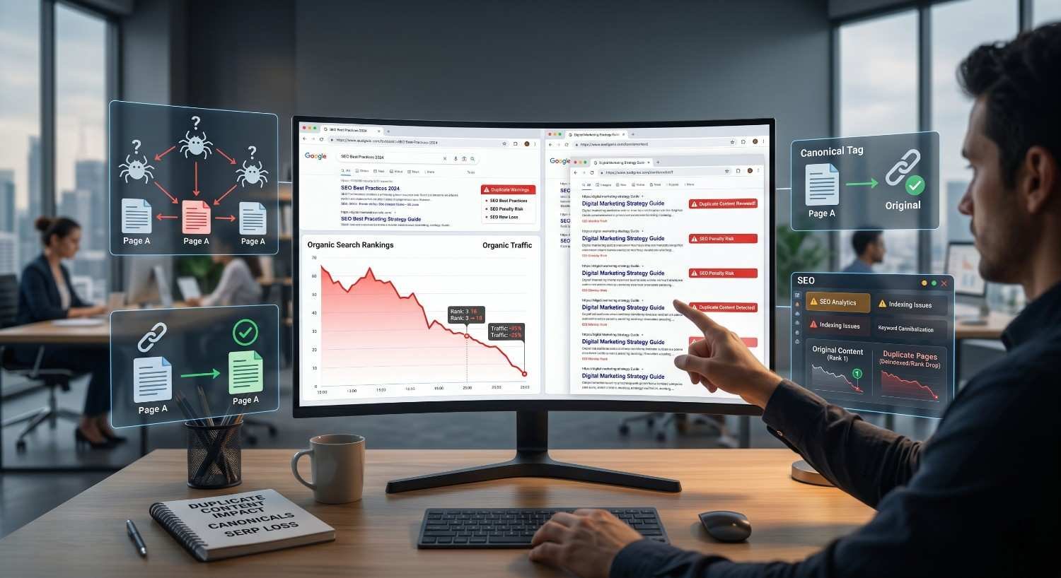 SEO specialist analyzing duplicate content issues, canonical tag implementation, and indexing errors on a technical SEO dashboard. Visualization highlights content duplication detection, search ranking declines, organic traffic loss, canonical URL optimization, and best practices for improving crawl efficiency, search visibility, and organic performance.