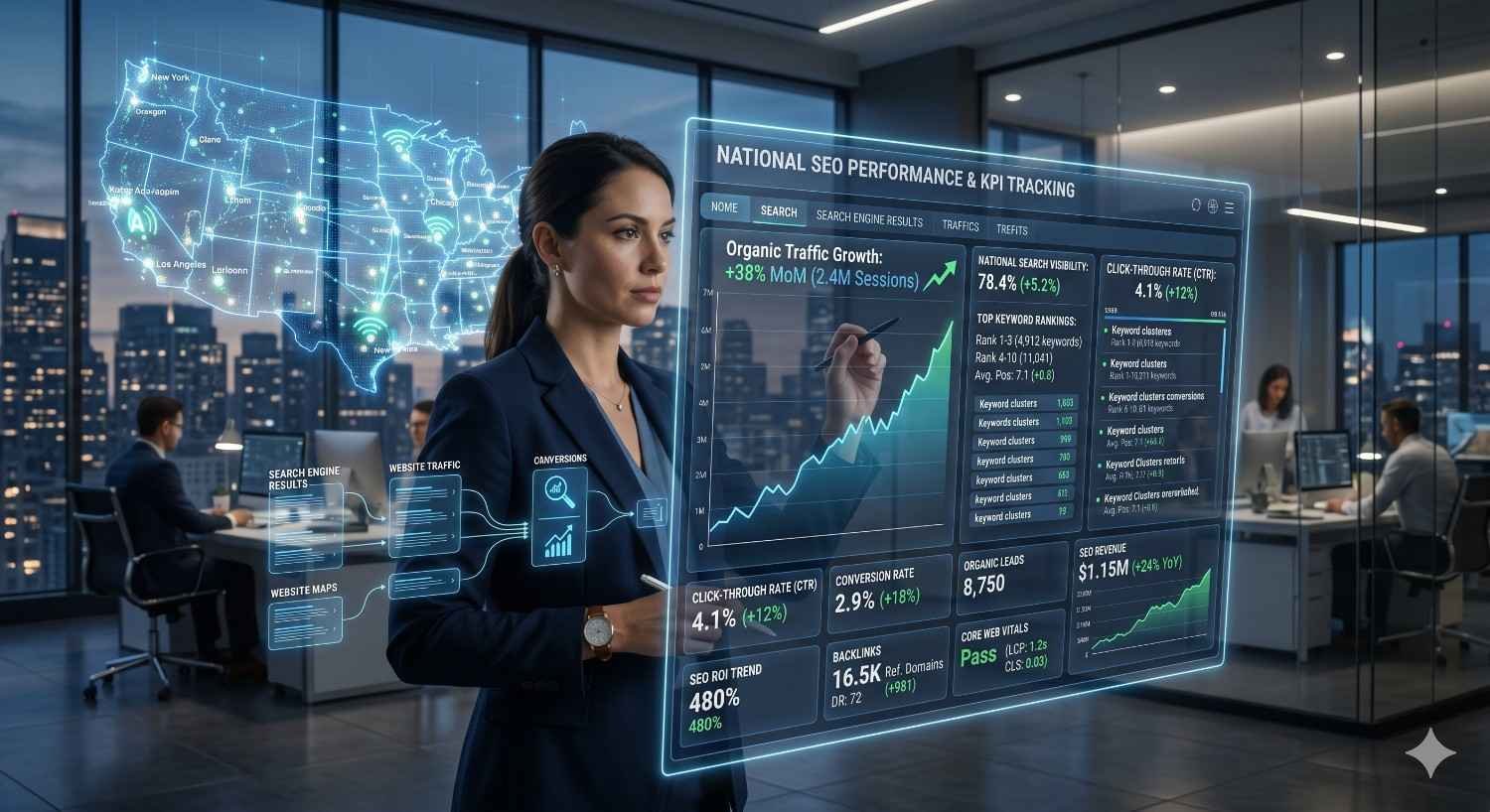 SEO analyst monitors national search performance using an interactive digital dashboard in a modern office. Visualizations display organic traffic growth, keyword rankings, click-through rates, conversions, backlinks, Core Web Vitals, and revenue trends. A nationwide map highlights market visibility, while team members collaborate on data-driven strategies to improve search performance and growth.