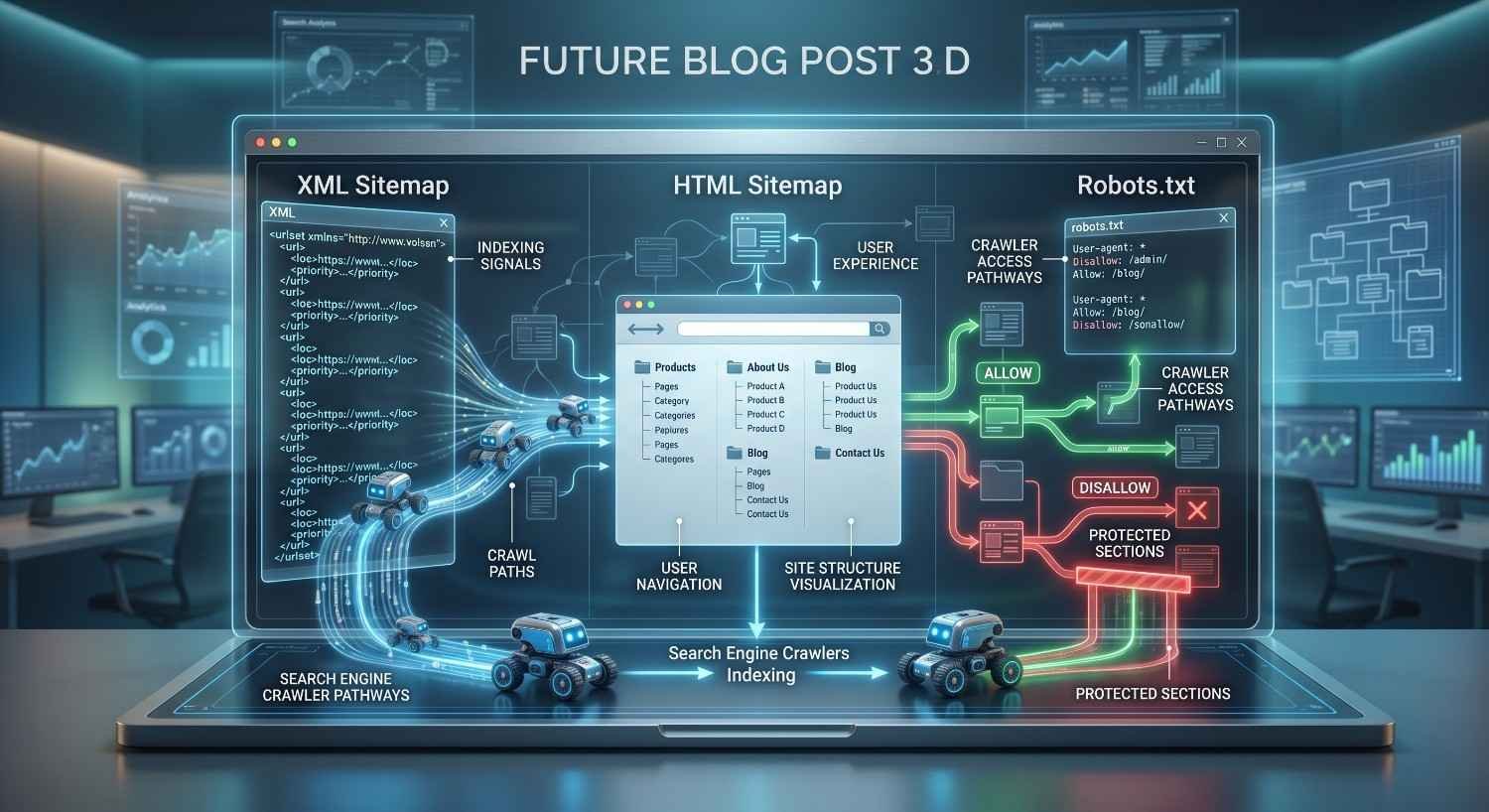 Technical SEO diagram comparing XML sitemap, HTML sitemap, and robots.txt implementation for search engine crawling and indexing. Visualization shows website structure, crawl paths, user navigation, crawler access controls, protected sections, and indexing signals, highlighting best practices for improving crawlability, index coverage, search visibility, and website performance.