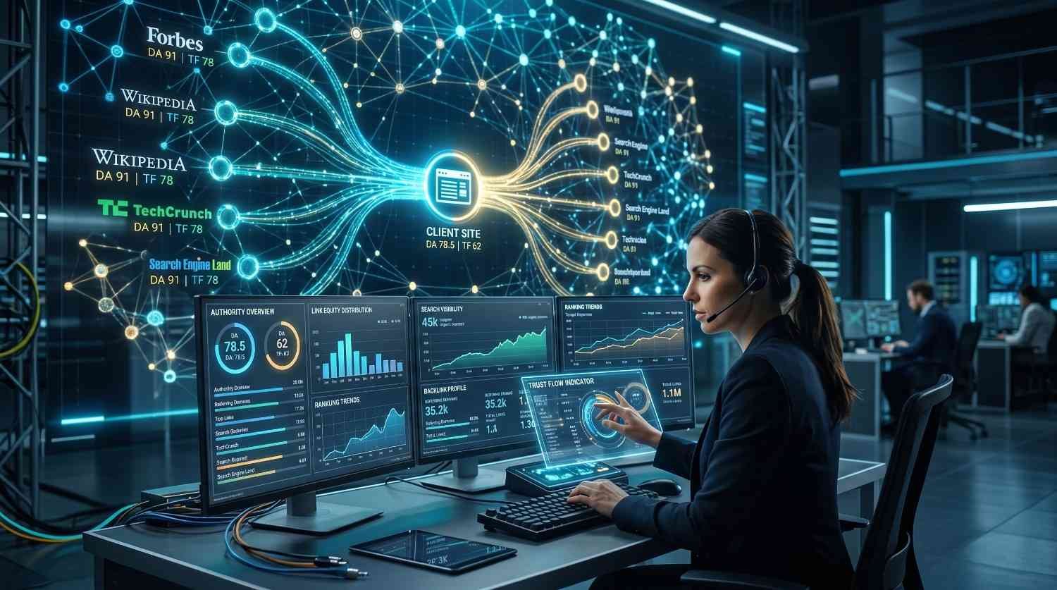 SEO specialist analyzing backlink profiles, domain authority, trust flow metrics, and high-authority referral sources to improve search visibility, website rankings, link-building strategy, topical authority, and organic traffic growth through data-driven search engine optimization.