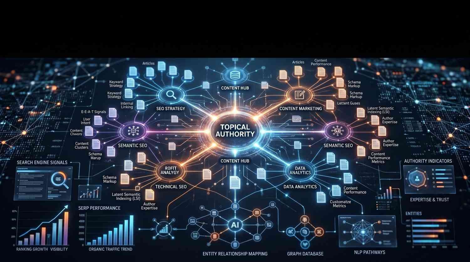 Topical authority SEO framework illustrating content hubs, semantic SEO, content marketing, entity relationships, technical SEO, data analytics, and E-E-A-T signals to improve search rankings, organic traffic, website authority, and content relevance.