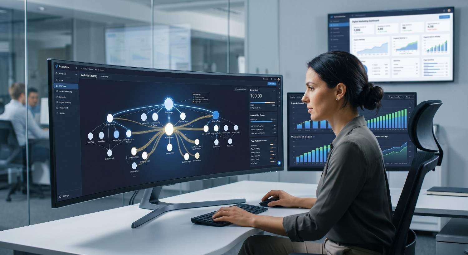 SEO specialist analyzing website structure and internal linking with visual sitemap software, tracking organic traffic growth, crawl depth, and search visibility metrics on a digital dashboard to improve technical SEO, site architecture, user experience, and Google search rankings.