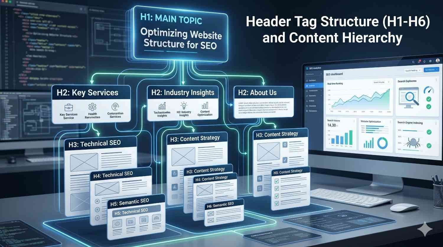 SEO header tag hierarchy infographic illustrating H1 through H6 structure, content organization, technical SEO, semantic SEO, content strategy, and website architecture. Visual guide to optimizing page hierarchy, improving search engine crawling, enhancing user experience, strengthening topical relevance, and boosting organic search rankings.