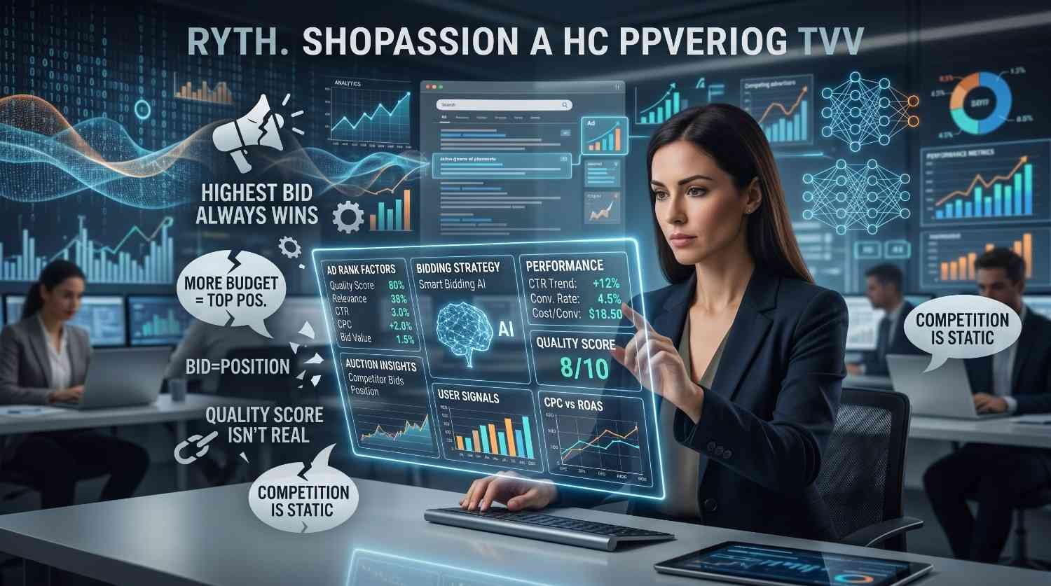 Digital marketing analyst reviewing Google Ads auction insights, bidding strategies, quality score metrics, and PPC campaign performance dashboards. AI-powered paid search optimization, conversion tracking, and competitive advertising analysis help improve ad rankings, ROI, and lead generation results.