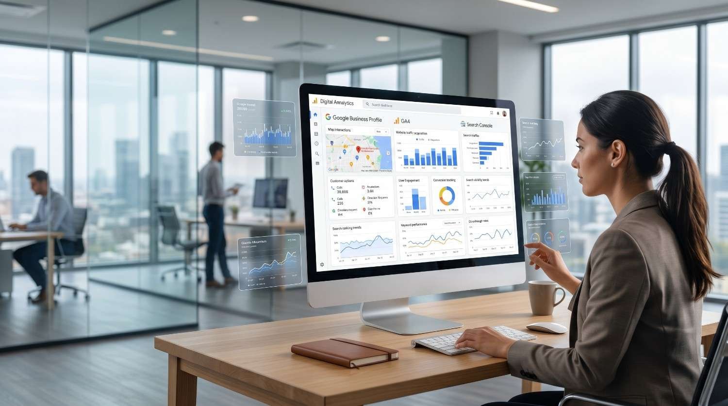 Digital marketing analyst reviewing Google Business Profile, Google Analytics 4, and Search Console dashboards to track local SEO performance, customer engagement, search visibility, and conversion trends. The analytics workspace highlights data-driven local search optimization, business growth monitoring, reputation management, and performance reporting for improved online visibility.