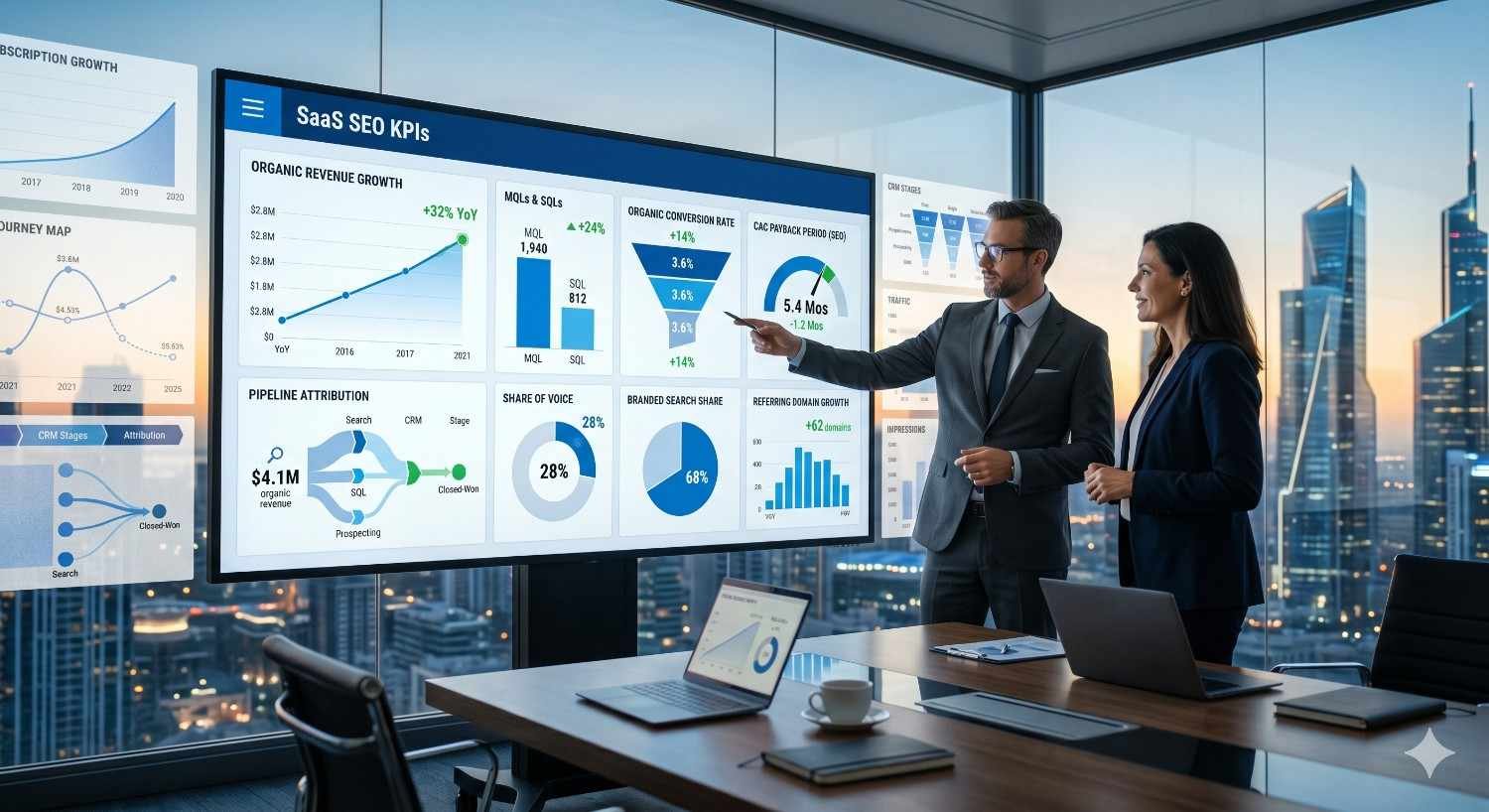 SaaS marketing professionals review key SEO performance indicators in a modern office overlooking a city skyline. Large dashboards display organic revenue growth, marketing-qualified leads, sales-qualified leads, conversion rates, pipeline attribution, share of voice, branded search visibility, and referring domain growth. The meeting emphasizes data-driven strategy, business growth, and measurable marketing outcomes.