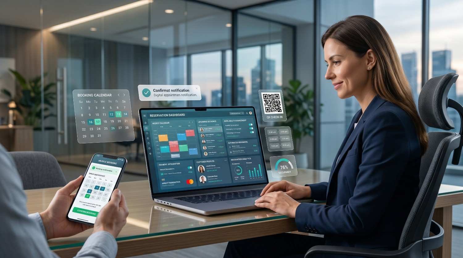 Business professional managing an online appointment booking system with a digital reservation dashboard, mobile scheduling app, QR code check-in, and automated confirmation notifications. Analytics display booking performance, calendar management, customer appointments, and workflow automation, highlighting efficient reservation management, customer experience optimization, and business productivity solutions.