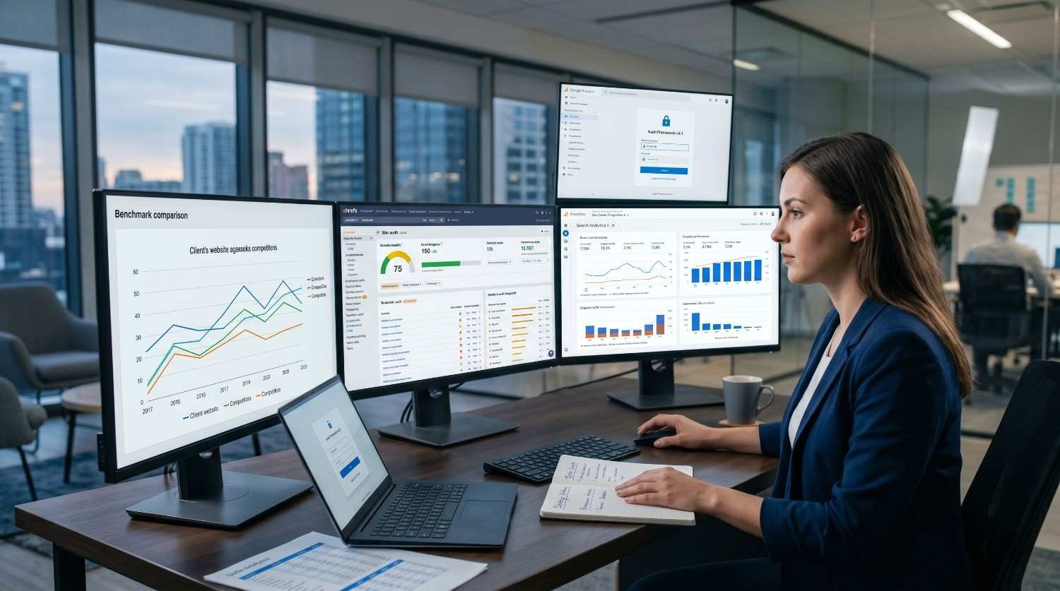 SEO analyst reviewing website performance dashboards, competitor benchmarking, keyword rankings, and search analytics on multiple monitors. Digital marketing professional conducting technical SEO audits, performance tracking, and data-driven optimization strategies to improve organic traffic, search visibility, and online growth