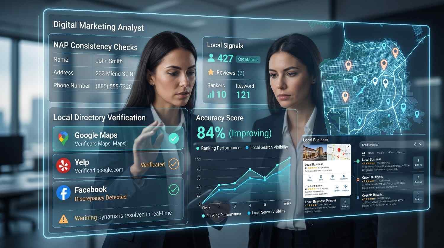Digital marketing analyst performing NAP consistency checks and local directory verification across Google Maps, Yelp, and Facebook. Dashboard displays citation accuracy, local search visibility, ranking performance, and business listing management, helping improve local SEO, online reputation, map pack rankings, and customer discovery in search results.