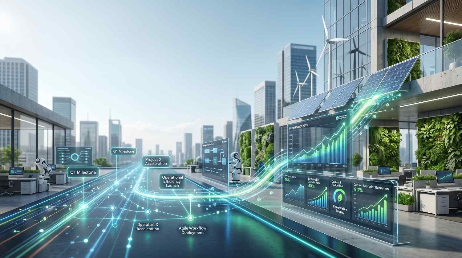 Smart sustainable office campus powered by solar energy, renewable technology, and AI-driven performance analytics. Digital dashboards track operational efficiency, carbon footprint reduction, ESG goals, and business growth, showcasing innovative green building solutions for modern sustainable enterprise management