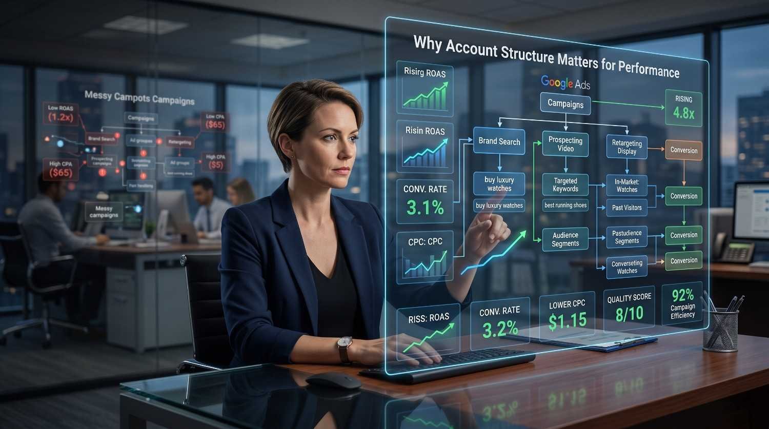 Google Ads account structure optimization dashboard showing campaign hierarchy, audience segmentation, retargeting strategies, keyword targeting, and conversion tracking. PPC specialist analyzing ROAS, quality score, CPC, and campaign performance to improve advertising efficiency, lead generation, and paid search results.