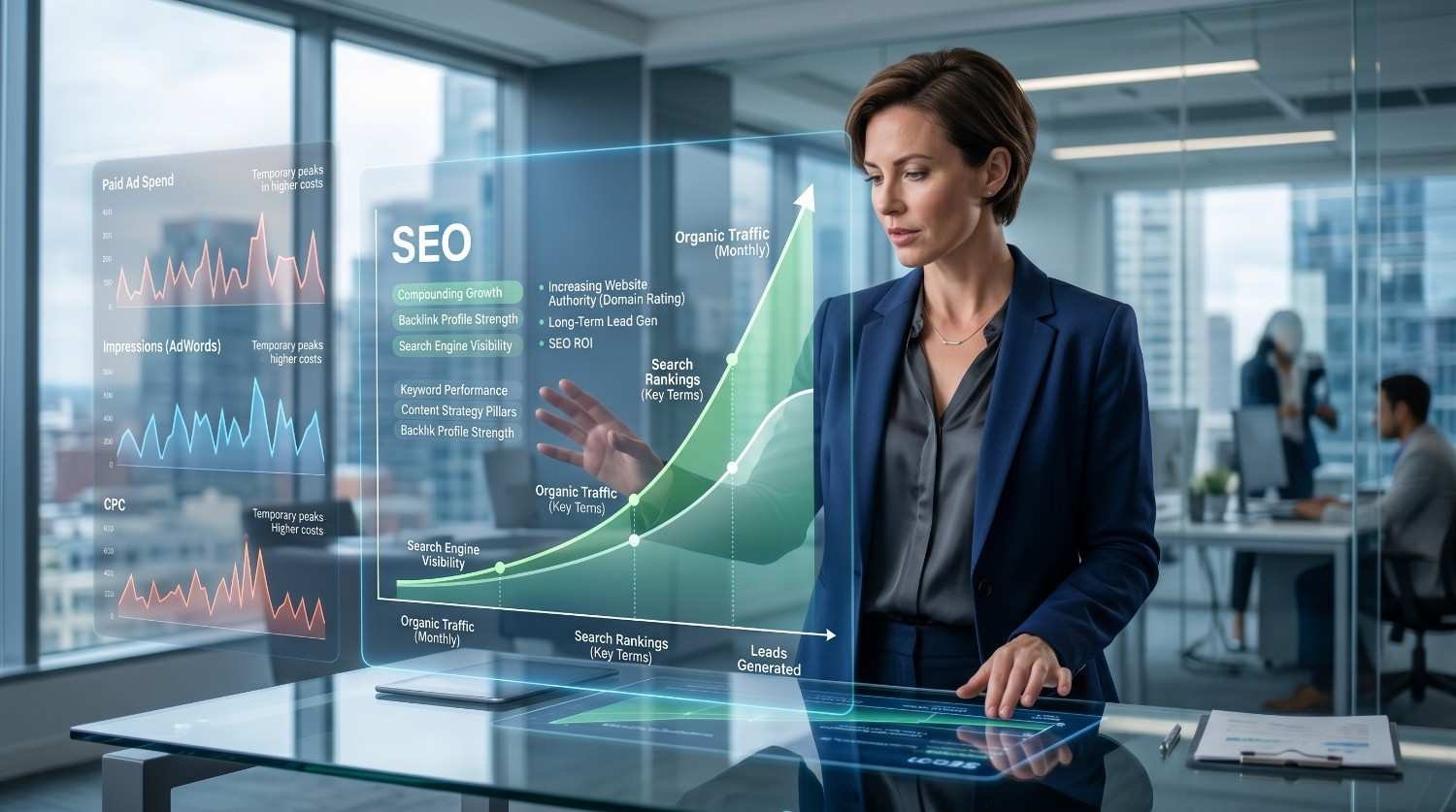 SEO strategist analyzing organic search growth, keyword rankings, backlink strength, website authority, and lead generation metrics. Search engine optimization dashboard highlights sustainable traffic growth, improved search visibility, and long-term ROI compared to paid advertising and PPC campaigns