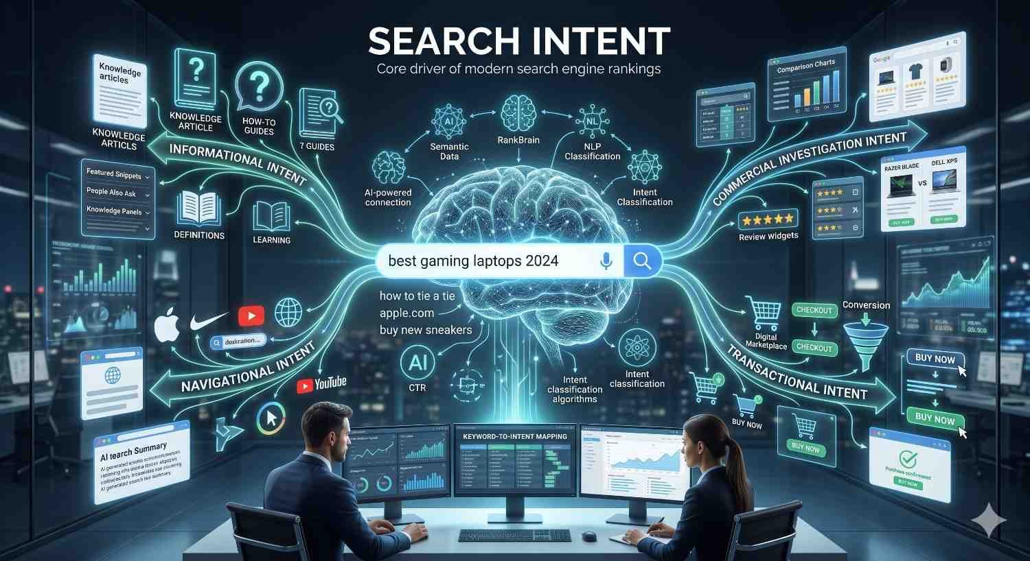 Search intent optimization infographic illustrating informational, navigational, commercial, and transactional queries, AI-powered search algorithms, keyword mapping, content strategy, and user journey analysis to improve SEO rankings, increase organic traffic, enhance content relevance, and drive higher conversion rates.