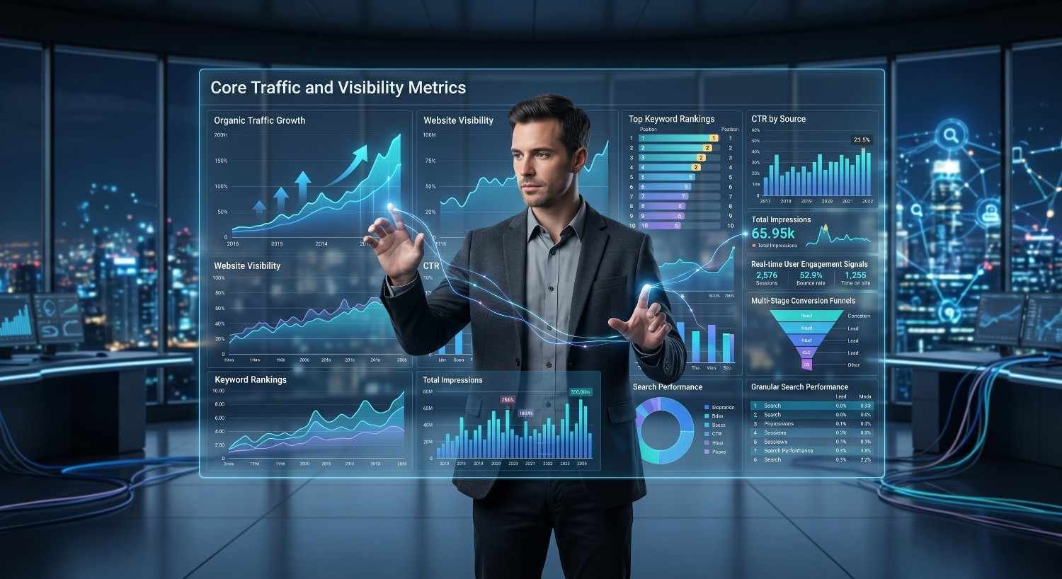 SEO expert analyzing core traffic and visibility metrics on an advanced search analytics dashboard. Interactive reports display organic traffic growth, keyword rankings, website visibility, click-through rates, impressions, conversion funnels, and search performance data, highlighting data-driven SEO strategy, search engine optimization success, and sustainable organic growth.