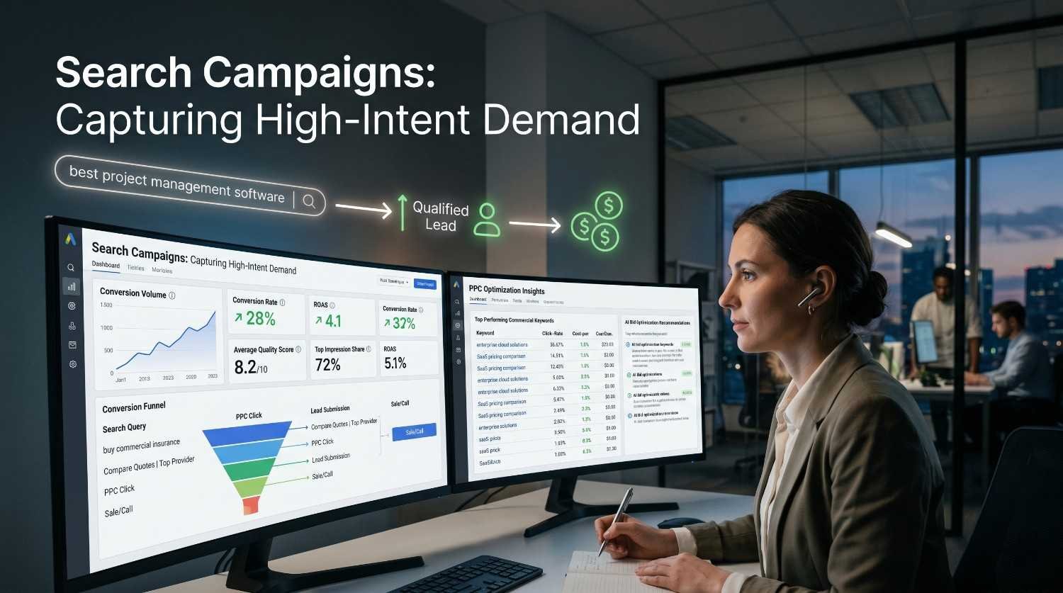 PPC search campaign management dashboard showing keyword targeting, conversion funnel analytics, lead generation metrics, ROAS tracking, and Google Ads optimization. Digital marketing specialist analyzing high-intent search traffic, quality scores, and paid search performance to maximize conversions and advertising ROI.