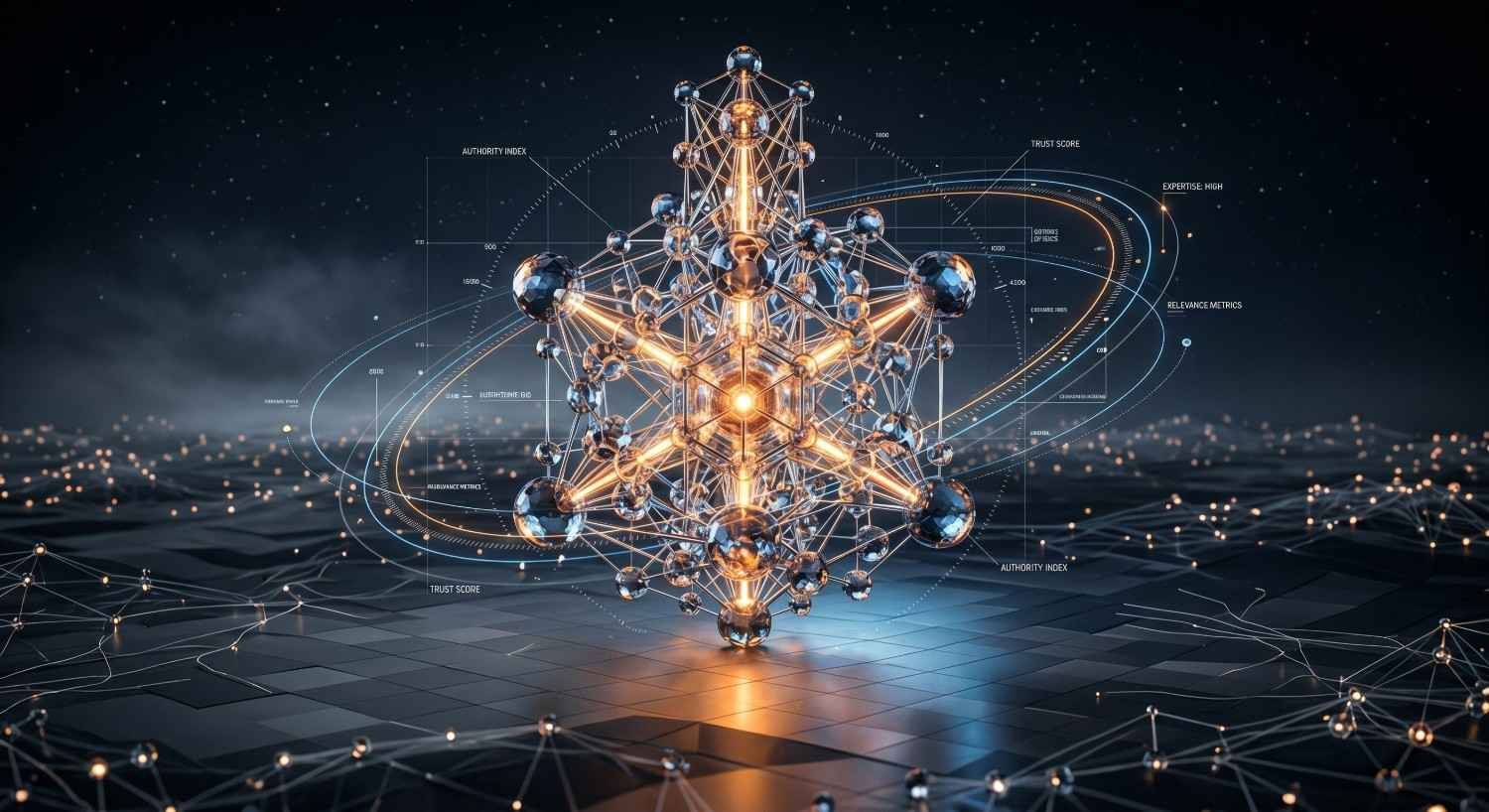 Advanced digital network visualization representing topical authority, semantic SEO, entity relationships, trust signals, relevance metrics, and knowledge graphs, illustrating data-driven search engine optimization, content strategy, and website authority building