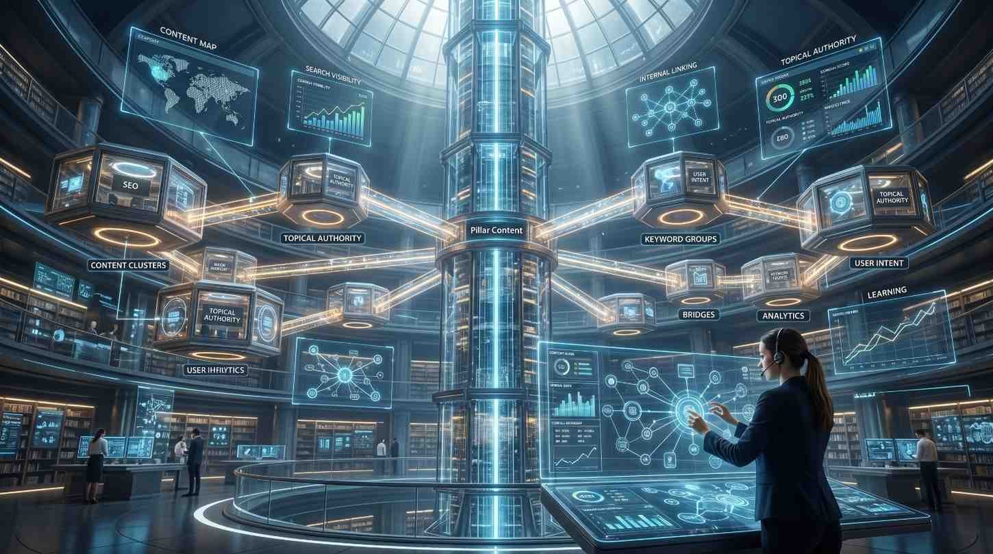 Advanced topical authority architecture displaying pillar content, content clusters, keyword groups, internal linking, user intent, analytics, and search visibility dashboards, illustrating a comprehensive SEO strategy for improving website authority, rankings, and organic traffic growth.