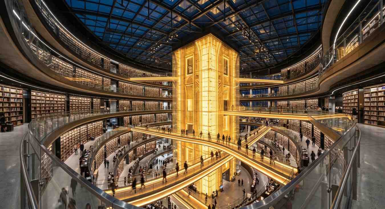 Modern multi-level library with expansive bookshelves, illuminated central architecture, and visitors exploring knowledge resources, symbolizing research, education, information management, digital learning, academic excellence, and content discovery.
