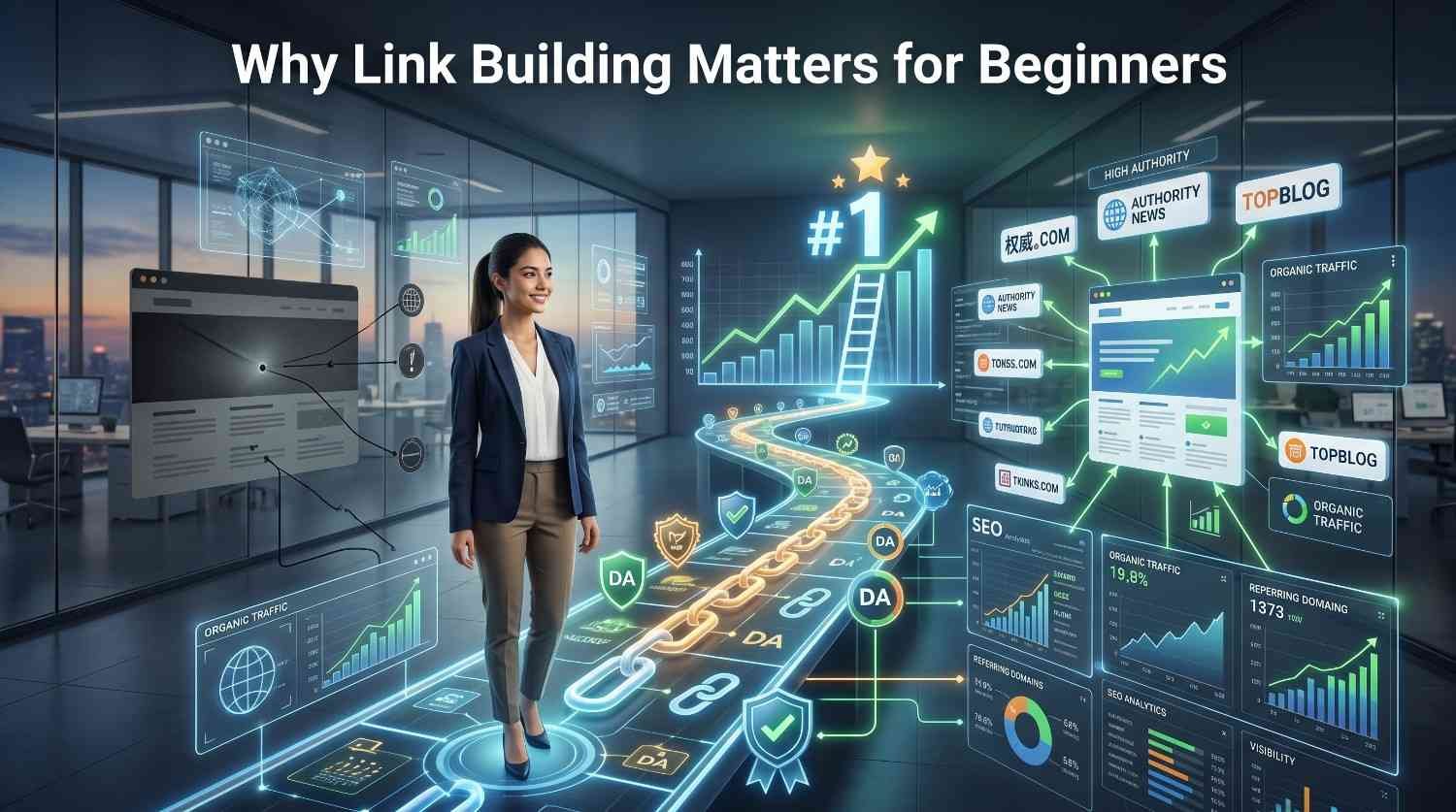 Beginner’s guide to link building showing how high-authority backlinks improve domain authority, organic traffic, search rankings, and website visibility. Digital SEO dashboard illustrates referral links, trust signals, referring domains, and sustainable SEO growth through quality backlink strategies and authoritative website partnerships.