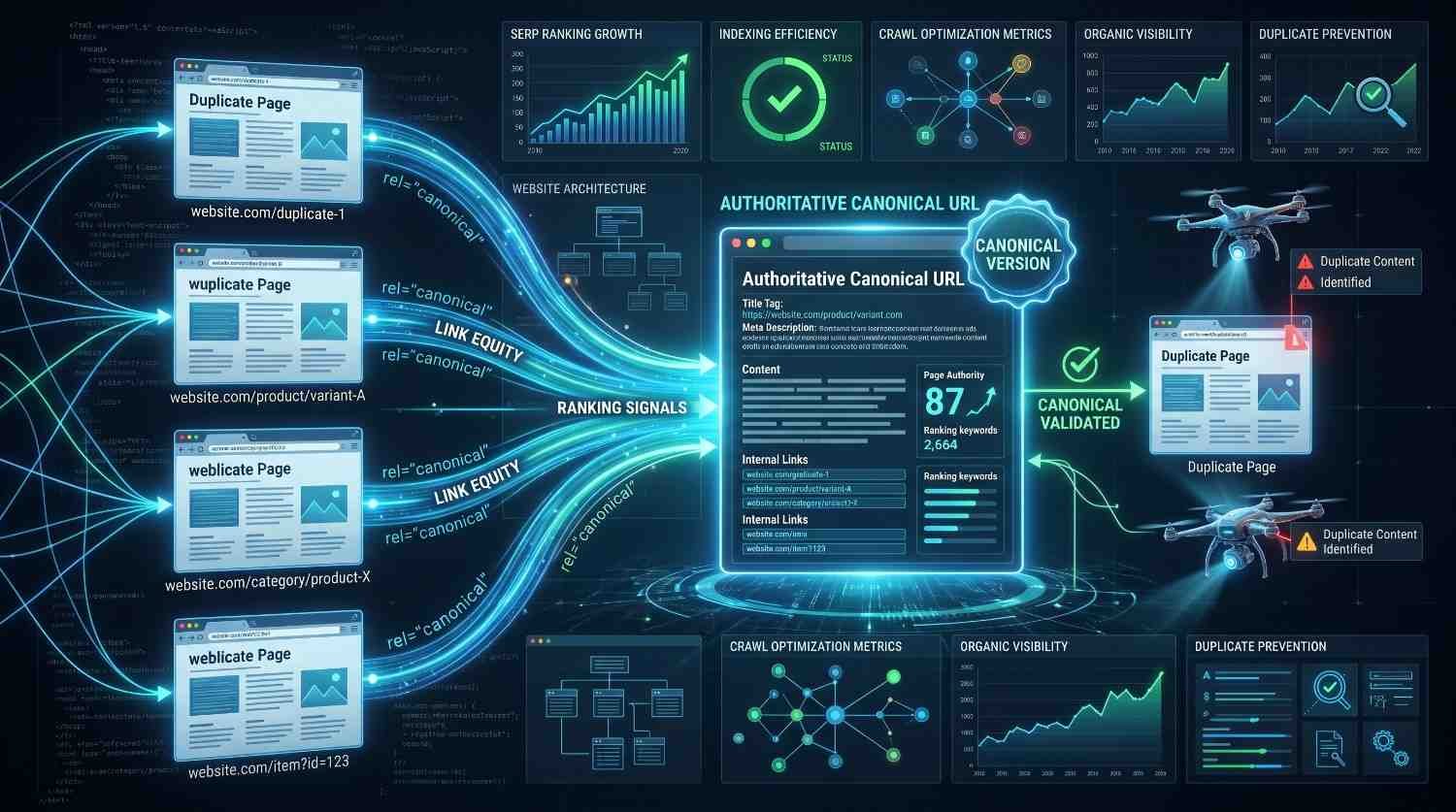Technical SEO dashboard illustrating canonical URL implementation to consolidate duplicate pages, preserve link equity, and strengthen ranking signals. Visualization highlights duplicate content prevention, crawl optimization, indexing efficiency, organic visibility growth, and canonical tag validation, helping websites improve search rankings, site authority, and overall SEO performance.