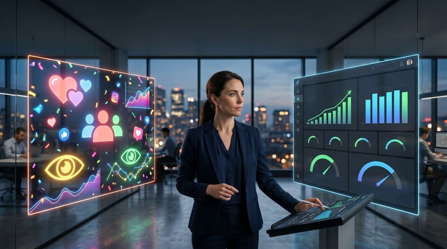 Marketing professional analyzing social media engagement, brand awareness, audience insights, and performance analytics dashboards, showcasing digital marketing strategy, social media management, campaign tracking, customer engagement, and data-driven business growth optimization.