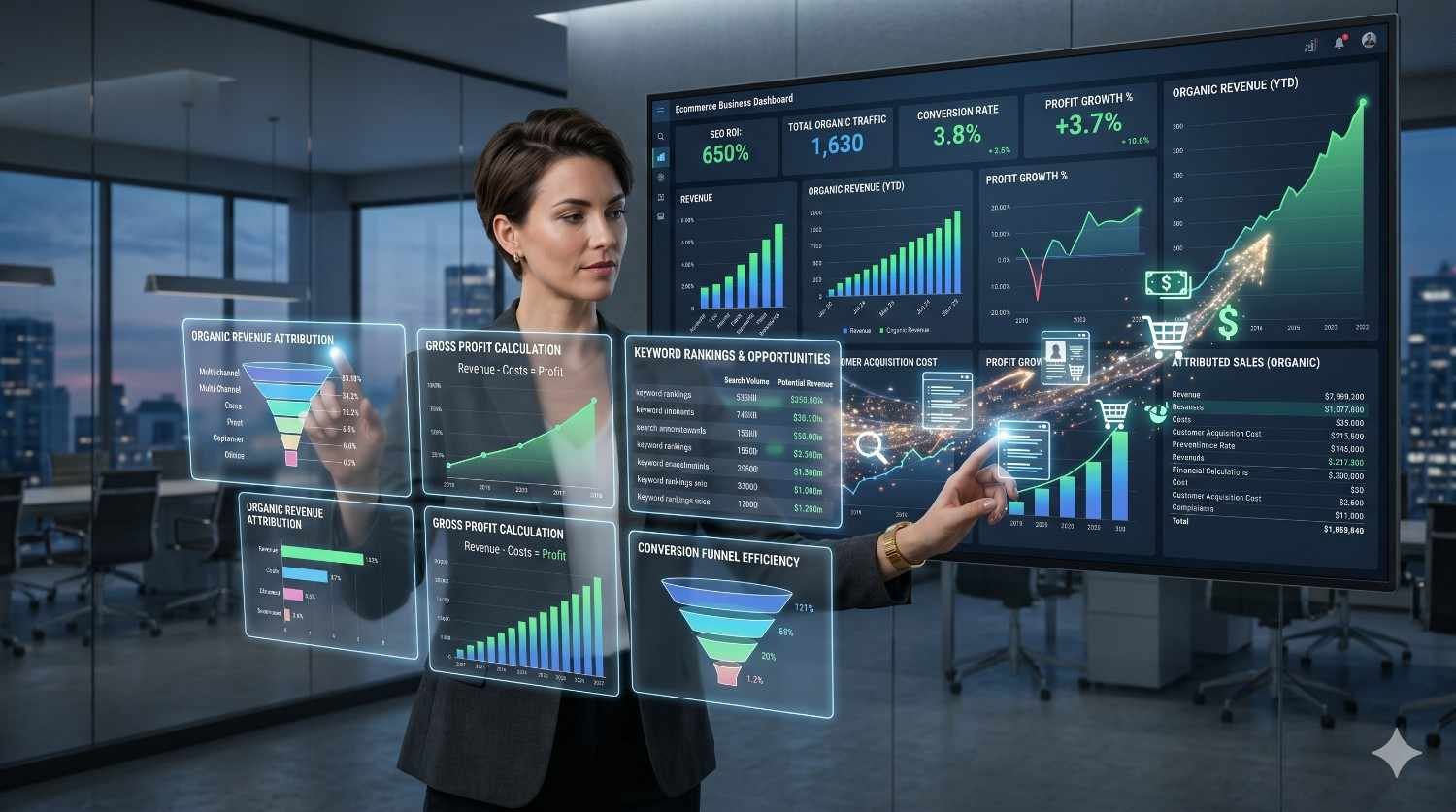 Ecommerce analyst reviews a business performance dashboard displaying SEO return on investment, organic revenue growth, conversion rates, keyword opportunities, profit calculations, and sales attribution metrics. Interactive charts visualize customer acquisition, funnel efficiency, revenue trends, and profitability. The modern office setting emphasizes data-driven decision-making, growth forecasting, and ecommerce optimization.