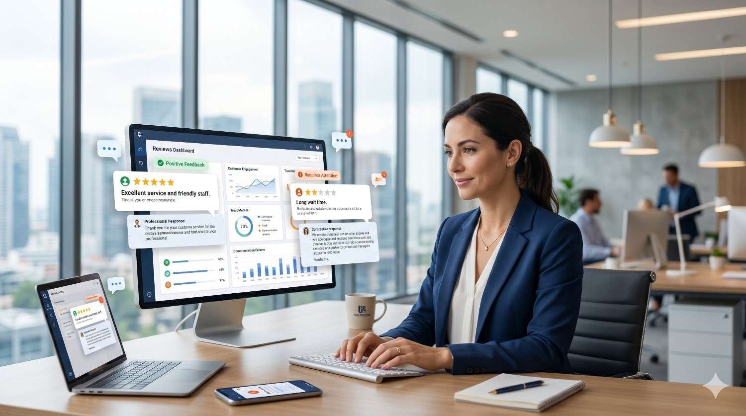 Online reputation management specialist monitoring customer reviews, review responses, sentiment analysis, and feedback trends through a review management dashboard. Local SEO analytics highlight customer engagement, review monitoring, brand reputation improvement, and strategies to increase trust, search visibility, and local business growth.