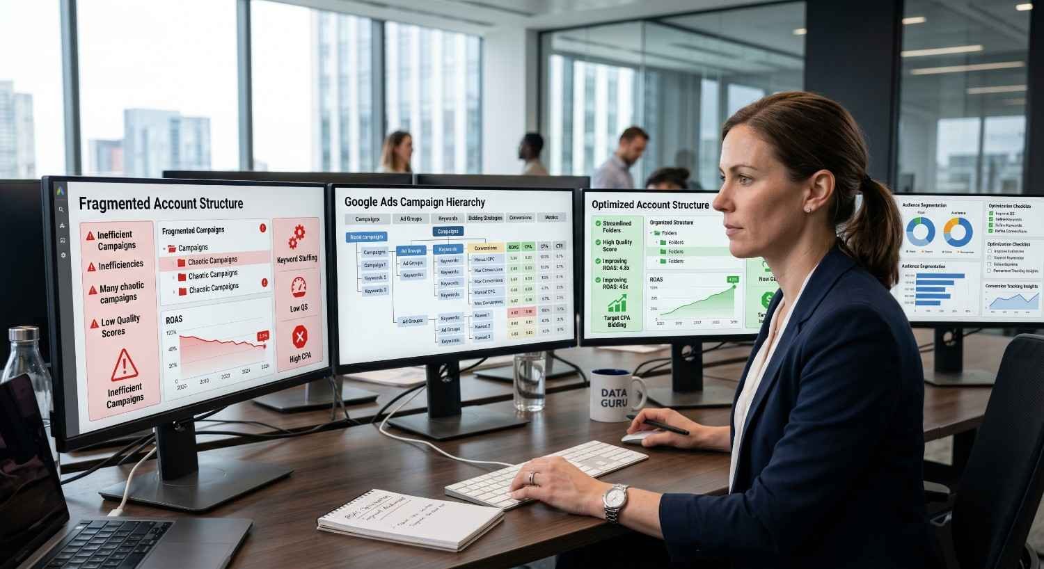 Digital marketing analyst reviewing Google Ads account structure, campaign hierarchy, audience segmentation, and PPC performance dashboards. Optimized campaign organization improves quality scores, ROAS, conversion rates, and bid management, helping businesses maximize paid search efficiency and advertising ROI