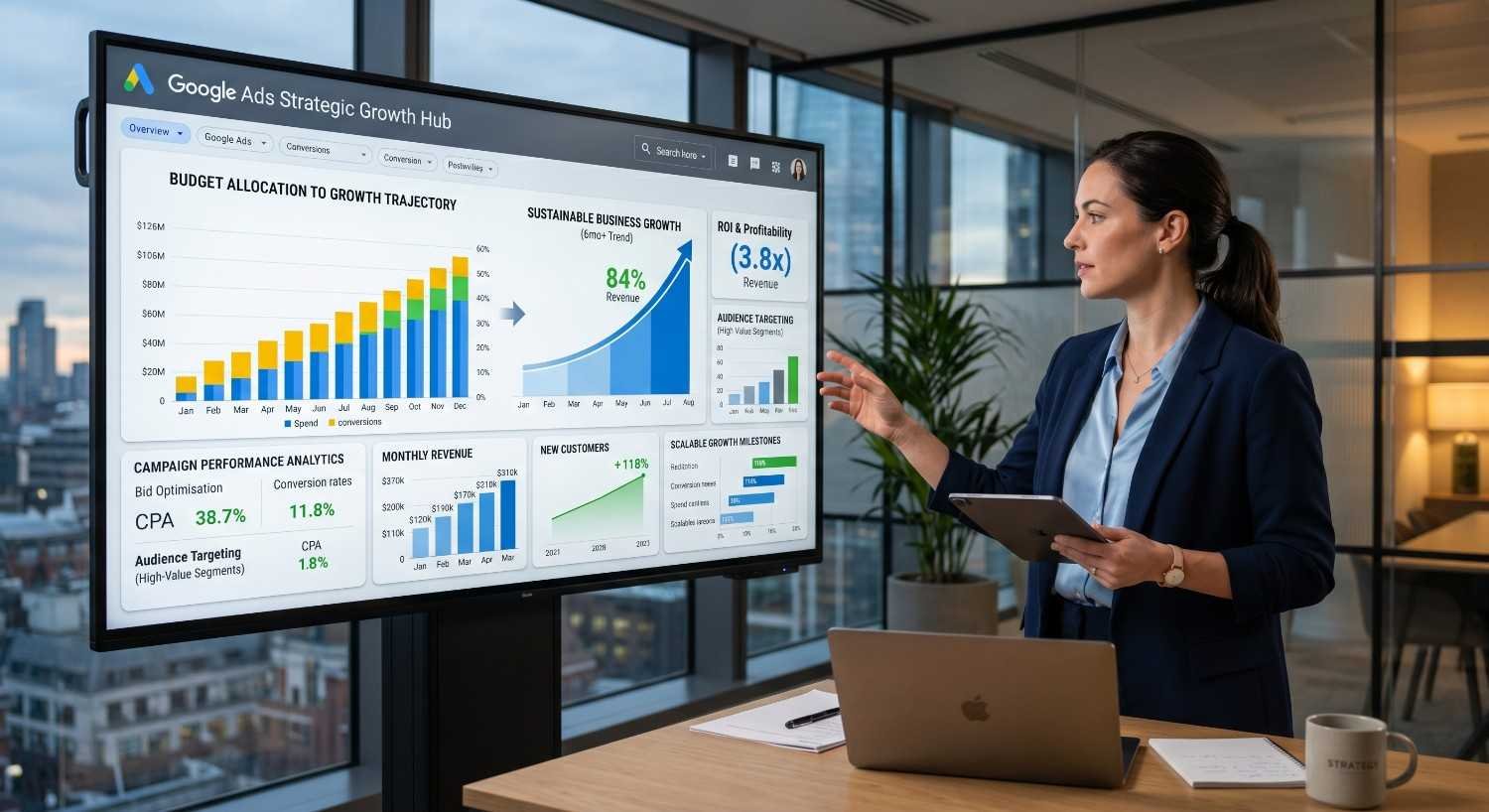Marketing strategist presenting Google Ads growth dashboard with budget allocation, campaign performance analytics, conversion optimization, audience targeting insights, and revenue growth projections. PPC advertising strategy focused on improving ROI, customer acquisition, scalable business growth, and data-driven digital marketing performance. 
