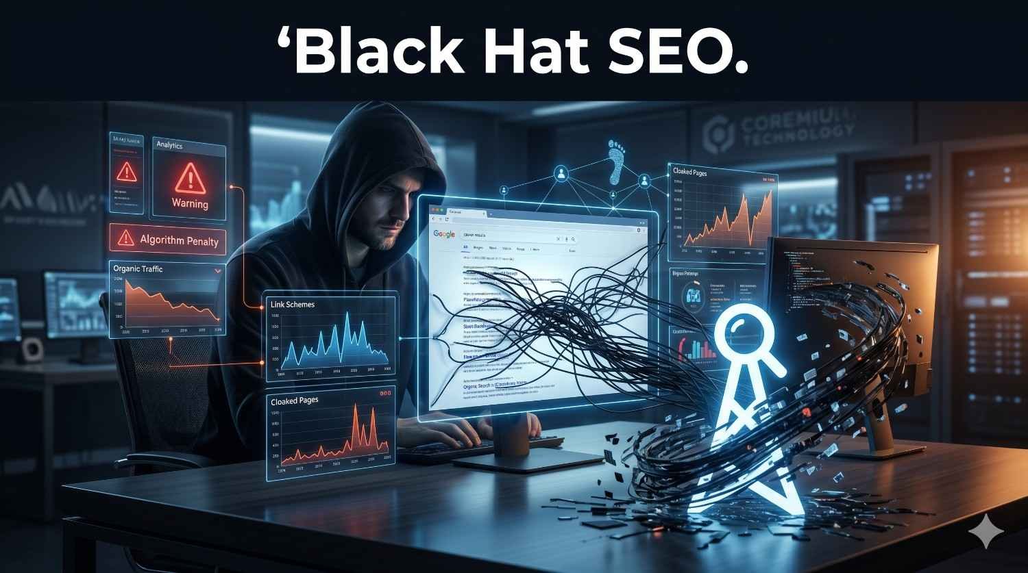 Black hat SEO illustration showing link schemes, cloaking, search engine penalties, algorithm violations, ranking manipulation, and declining organic traffic. Visual warning against unethical SEO tactics that can trigger Google penalties, reduce search visibility, damage website authority, and negatively impact long-term organic search performance.