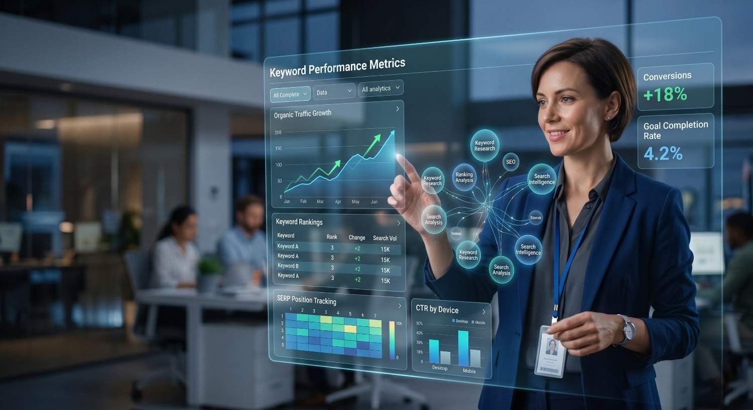 SEO specialist analyzing keyword performance metrics, organic traffic growth, search rankings, CTR data, and conversion rates through an advanced analytics dashboard, showcasing search engine optimization strategy, keyword research, and data-driven digital marketing performance improvement