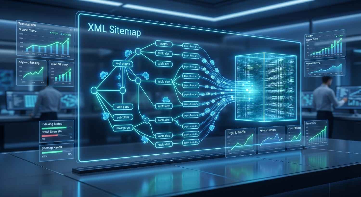 XML sitemap visualization illustrating website structure, URL hierarchy, subfolders, indexing status, and crawl efficiency. Technical SEO dashboard displays sitemap health, organic traffic growth, keyword rankings, and search engine indexing processes, helping improve website discoverability, crawlability, index coverage, and overall organic search performance.