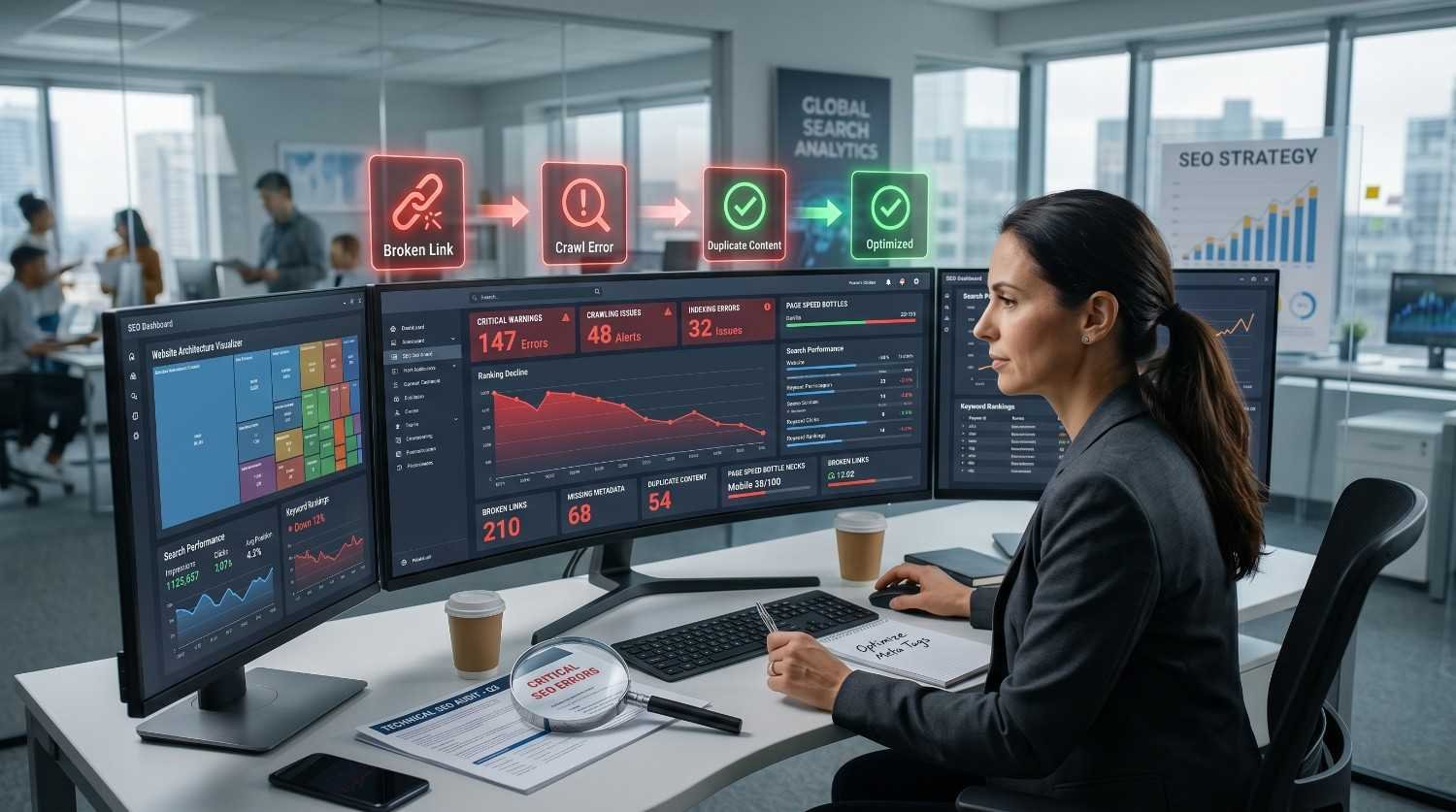 Technical SEO expert monitoring website audit dashboards, broken links, crawl errors, duplicate content issues, and search performance metrics. Advanced SEO analysis workspace showcasing site optimization, error resolution, search engine visibility improvements, and data-driven digital marketing strategies