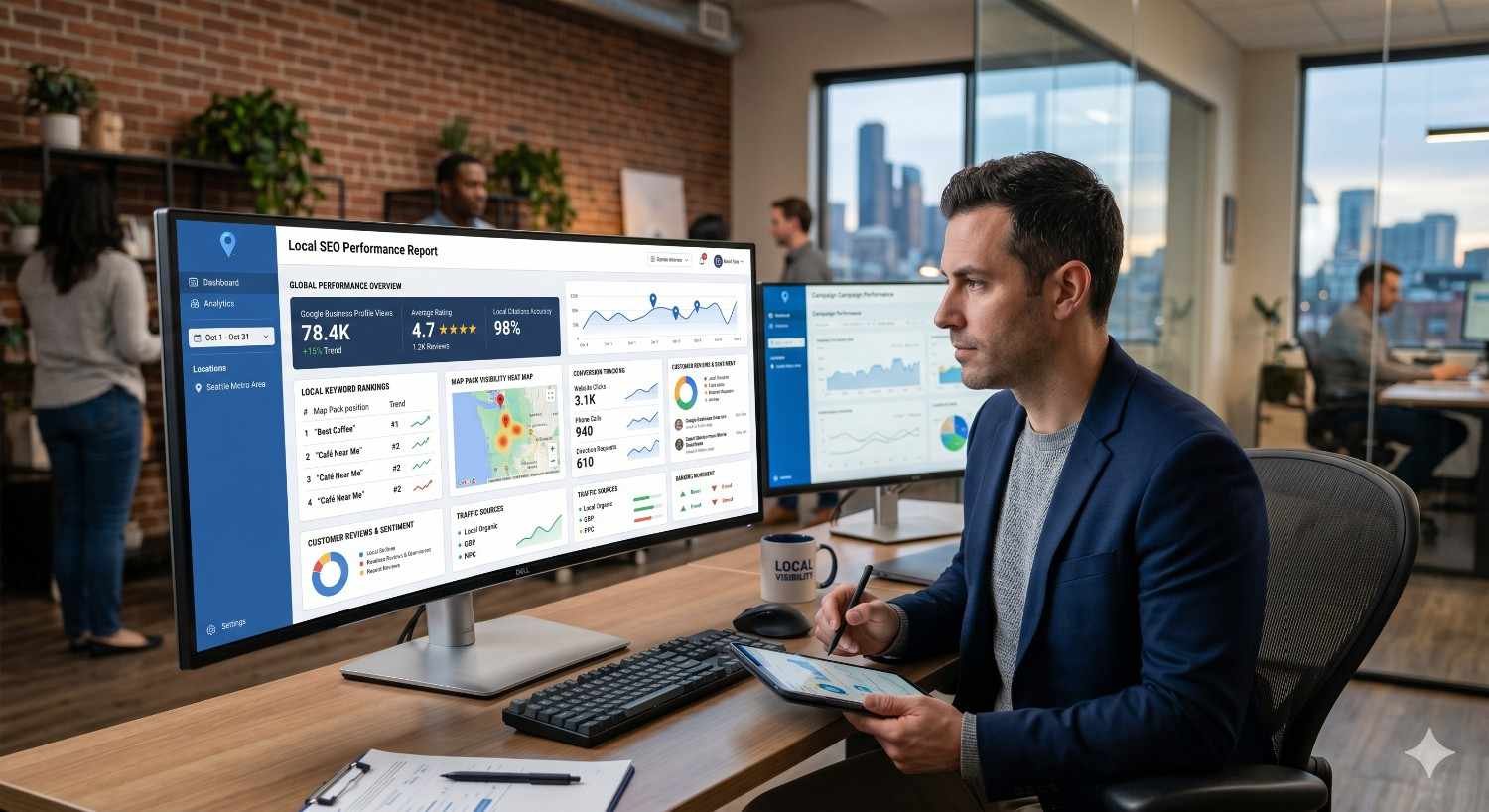 Local SEO expert reviewing Google Business Profile performance, local keyword rankings, customer reviews, map visibility, and search analytics dashboards. The report highlights local search optimization, reputation management, citation tracking, and data-driven strategies to improve local rankings, online visibility, customer engagement, and business growth.