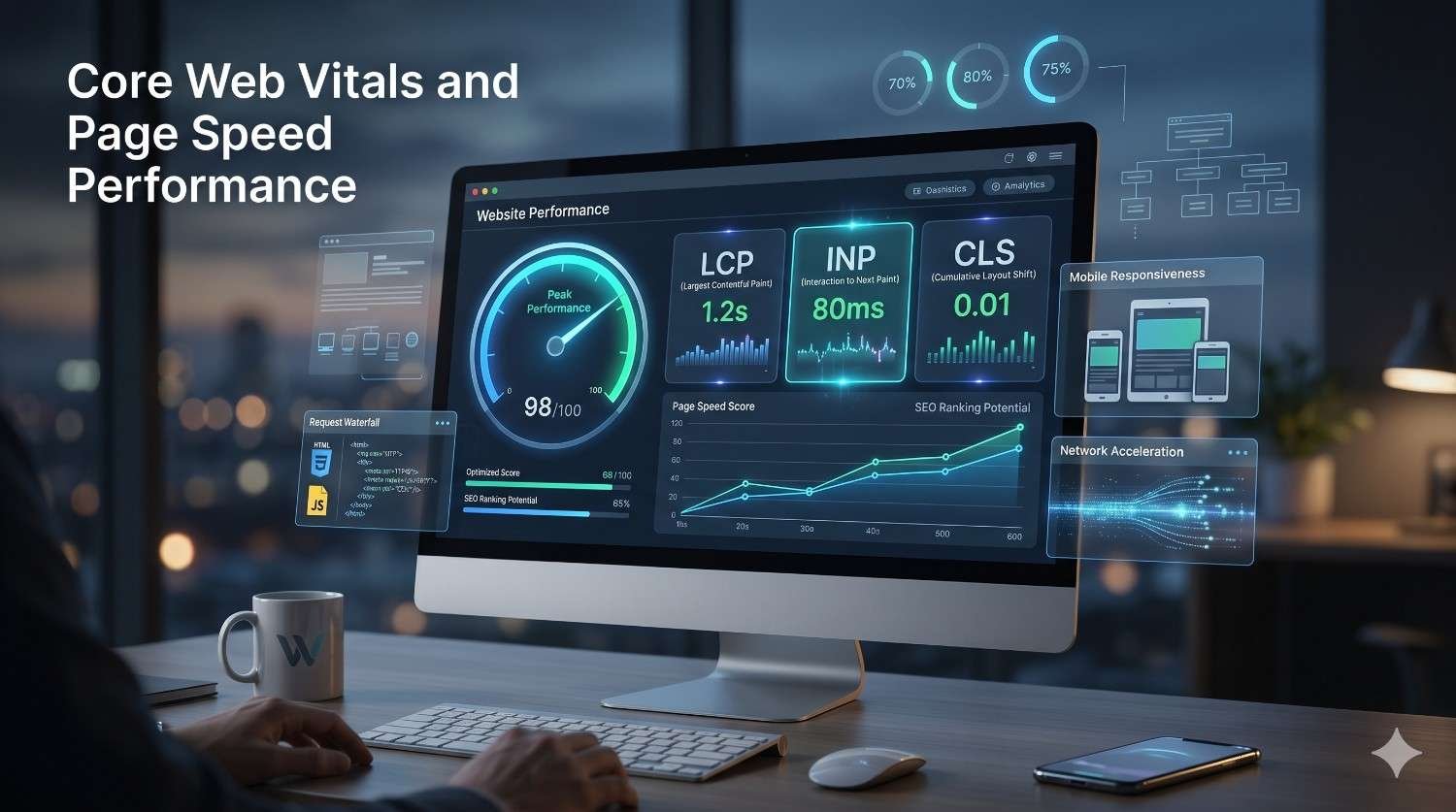 Core Web Vitals and page speed optimization dashboard displaying LCP, INP, CLS, mobile responsiveness, and website performance metrics. Technical SEO analytics highlight fast-loading web pages, user experience improvements, and search ranking factors that enhance organic visibility, SEO performance, and website conversion rates.