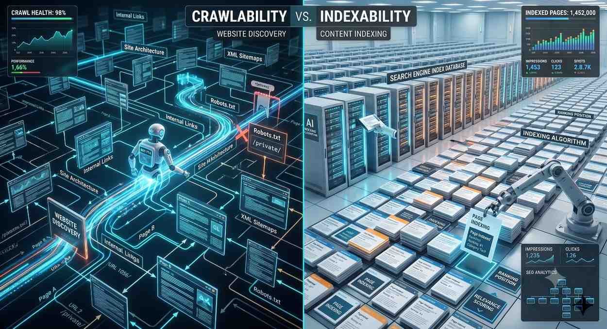 Technical SEO illustration comparing crawlability and indexability, showing website discovery, XML sitemaps, robots.txt management, internal linking, and search engine indexing processes. Visual highlights crawl health, indexed pages, content indexing, search visibility, and SEO performance metrics, demonstrating how proper site architecture improves rankings and organic traffic.