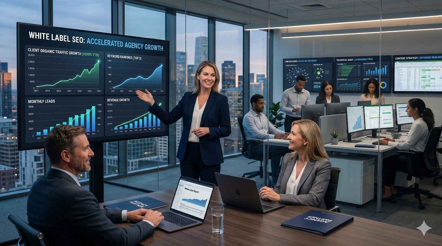 Business professionals collaborate in a modern office while presenting white label SEO performance results. Large dashboards display client traffic growth, keyword rankings, lead generation, and revenue trends. Team members analyze data, manage campaigns, and monitor analytics. The scene highlights agency growth, strategic planning, digital marketing services, and measurable business success.