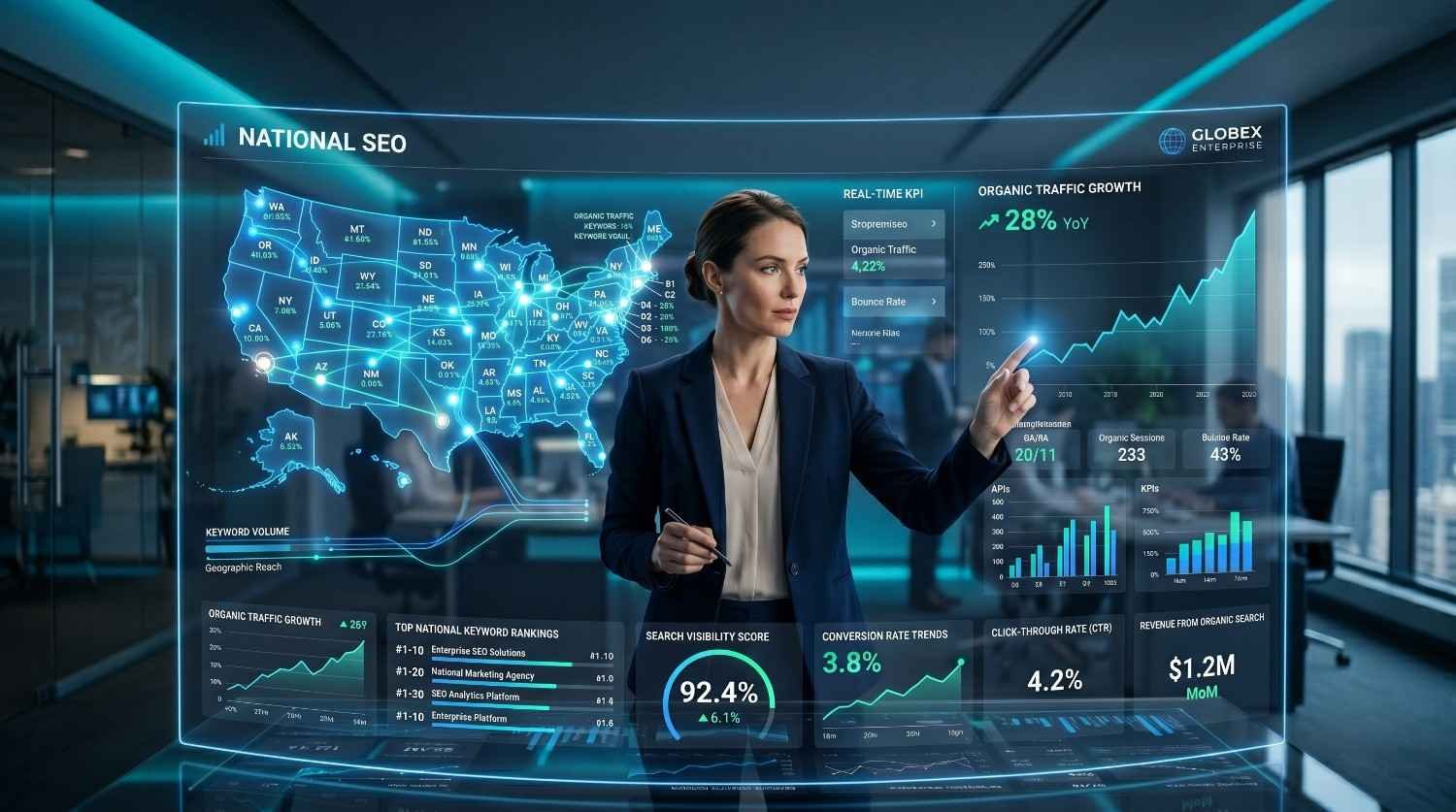 National SEO analytics dashboard displaying keyword rankings, organic traffic growth, search visibility, conversion rates, click-through rates, and geographic performance metrics across the United States. SEO professional analyzing real-time KPI data, search engine optimization trends, and revenue growth insights to improve national search rankings, traffic, and business performance.