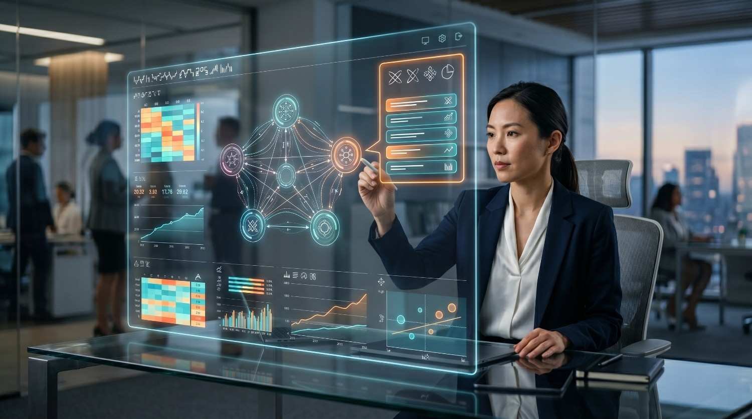 Business analyst using an AI-powered analytics dashboard to evaluate data visualization, performance metrics, predictive insights, and decision-making processes, supporting digital transformation, business intelligence, operational efficiency, and data-driven strategy optimization