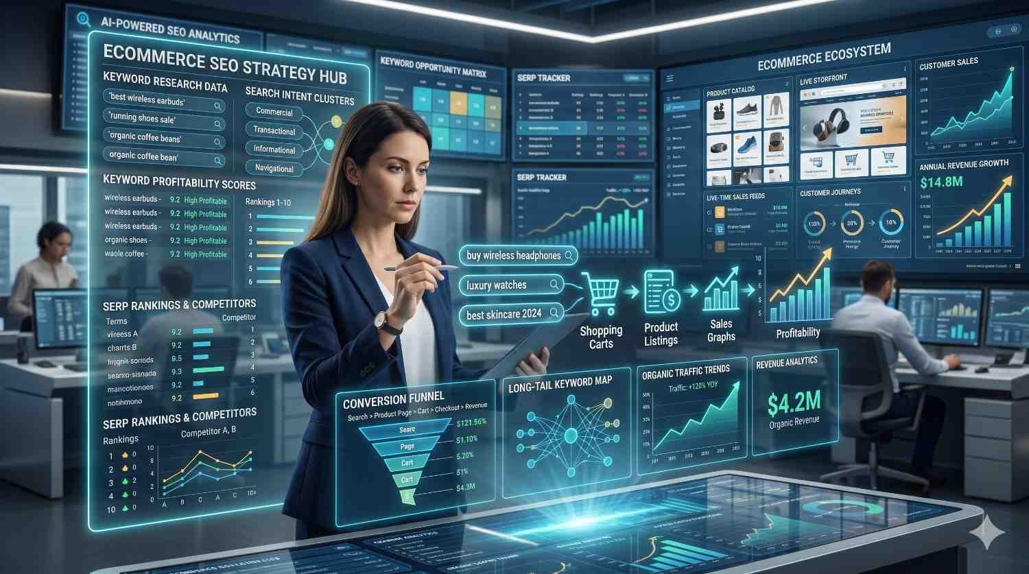 Ecommerce SEO specialist analyzes search performance and online sales data using AI-powered dashboards in a modern office. Interactive displays show keyword research, search intent clusters, conversion funnels, SERP rankings, profitability metrics, product listings, revenue growth, and customer journeys. The scene highlights data-driven optimization, organic traffic growth, and ecommerce success.