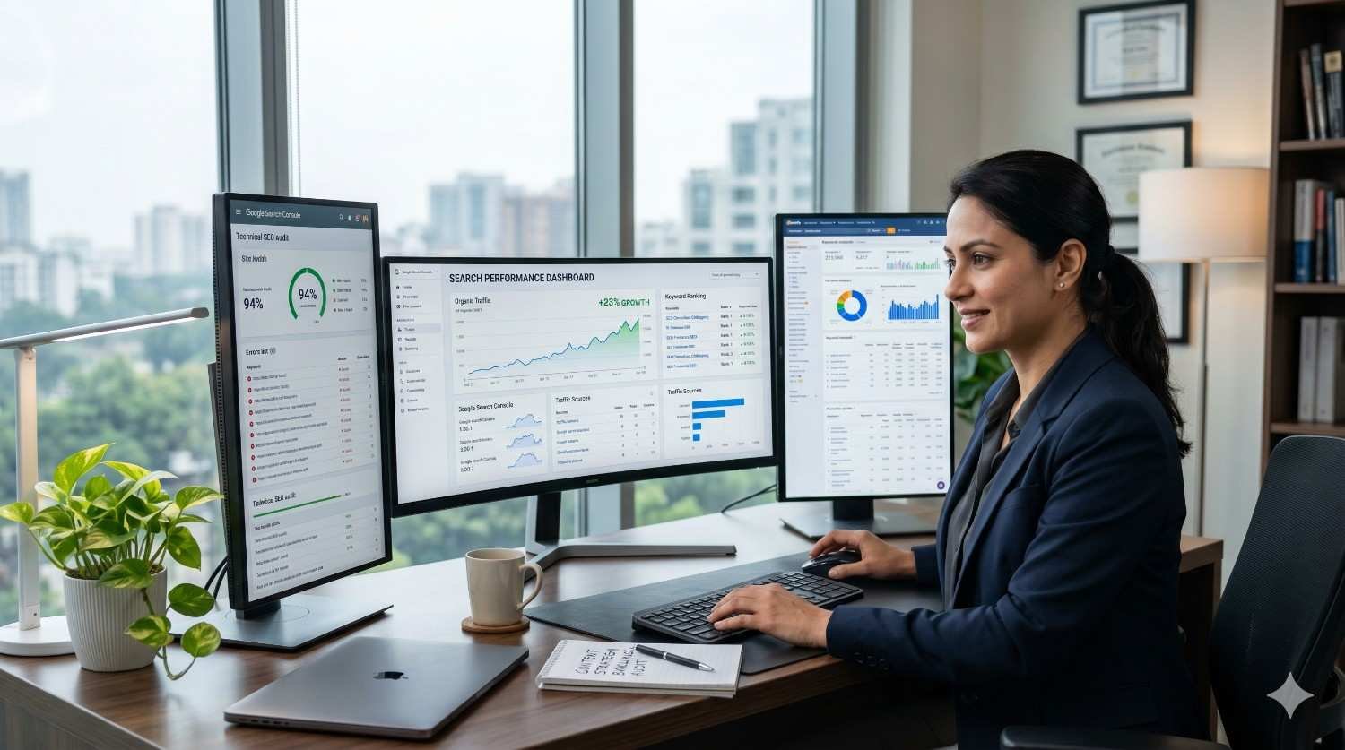 SEO specialist analyzing search performance dashboards featuring technical SEO audits, keyword rankings, organic traffic growth, website analytics, and search visibility metrics. Professional SEO monitoring workflow focused on improving website performance, search engine rankings, user engagement, and sustainable organic traffic growth.