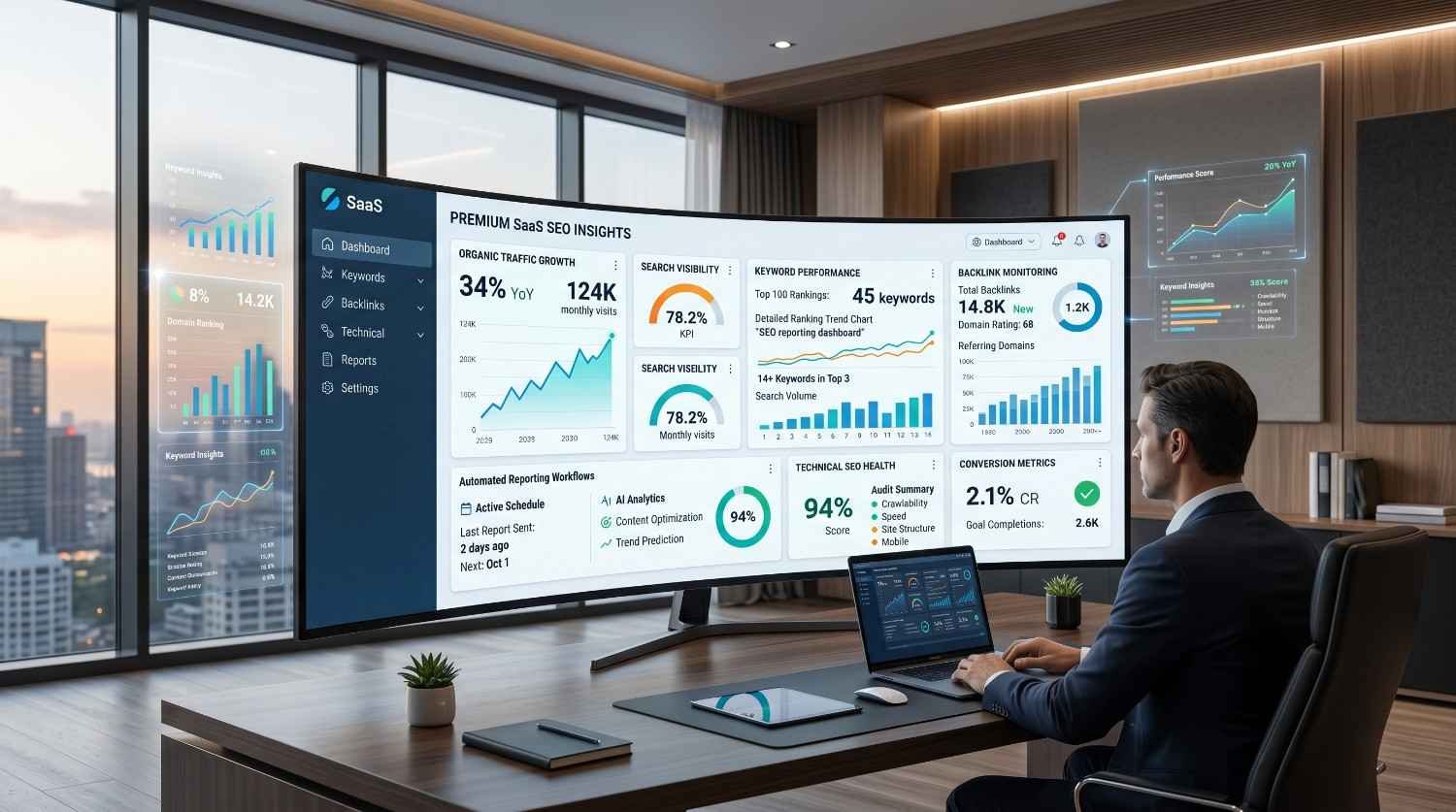 SaaS SEO professional reviewing a premium SEO analytics dashboard featuring organic traffic growth, search visibility, keyword rankings, backlink monitoring, technical SEO health, conversion metrics, and automated reporting. Data-driven insights showcase SEO performance tracking, lead generation optimization, website authority growth, and scalable SaaS marketing success.