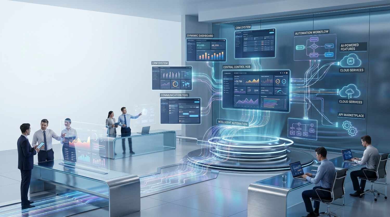 Enterprise business team managing a centralized CRM, automation workflows, cloud services, and AI-powered analytics platform. Interactive dashboards display performance metrics, communication tools, intelligent automation, API integrations, and business intelligence insights, showcasing digital transformation, operational efficiency, workflow optimization, and scalable enterprise software solutions for business growth.