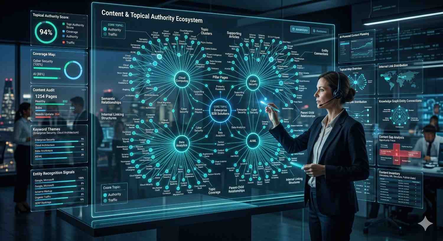 Topical authority SEO ecosystem visualization showing content clusters, pillar pages, entity relationships, semantic SEO, internal linking, knowledge graph connections, and keyword themes. Advanced content strategy framework designed to improve topical relevance, search visibility, organic traffic, website authority, and long-term search engine rankings.